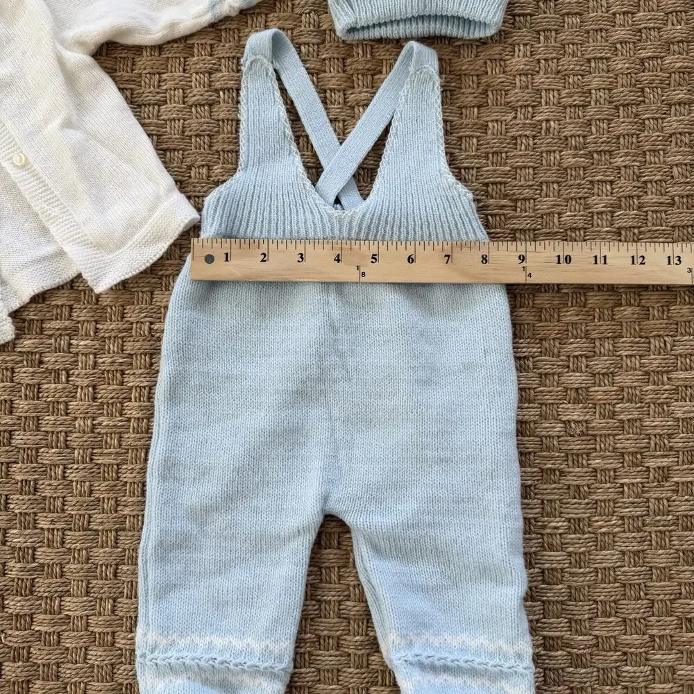 Vintage Heirloom Baby Boy’s Crylor Overalls, Cardigan & Knit Hat Baby Blue Set